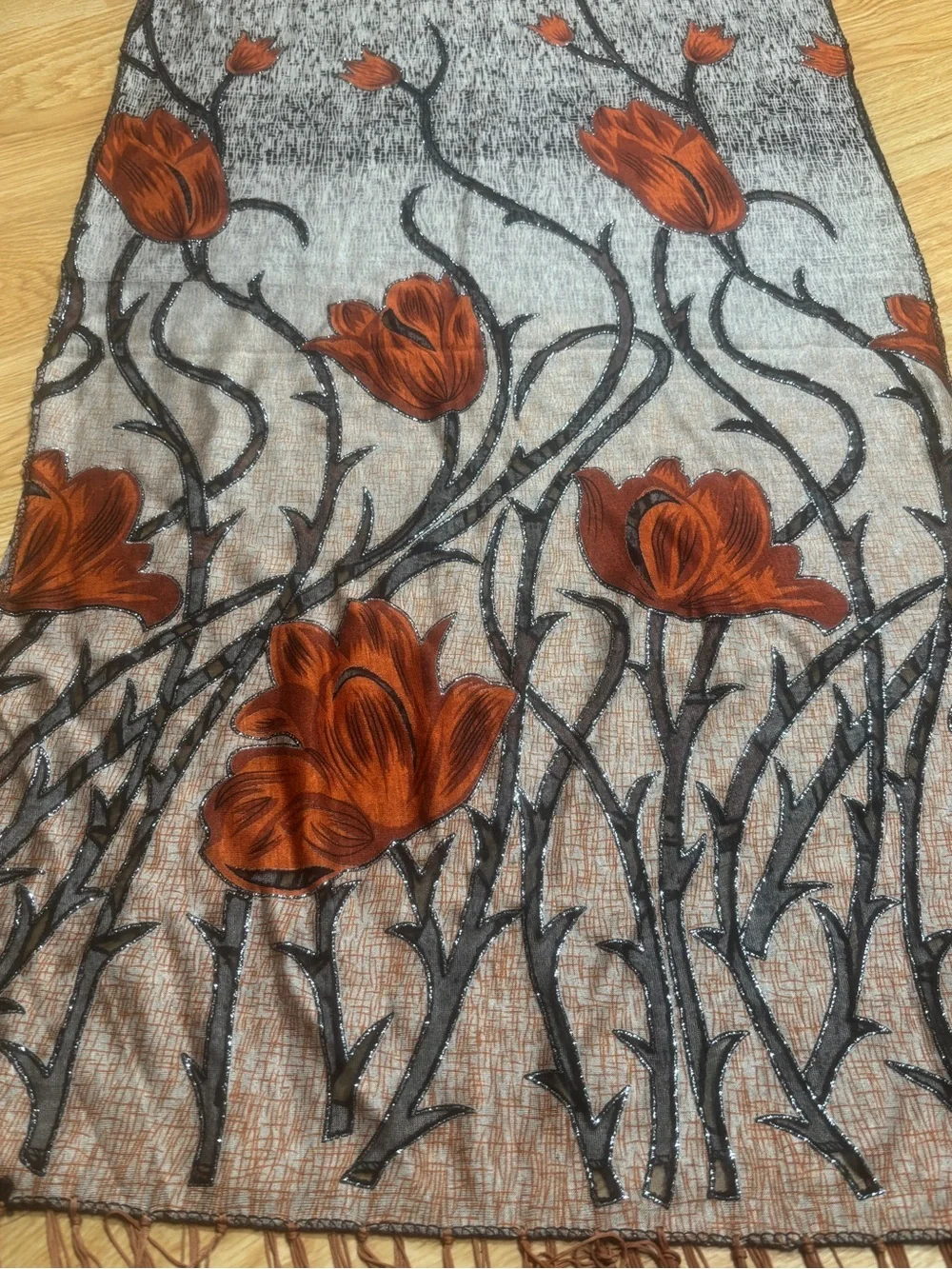 Lightweight Floral Fringe Scarf in Taupe and Rust
